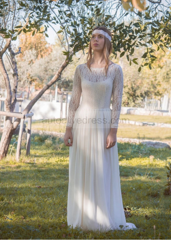 Long Sleeves Ivory Lace Chiffon Bohemian Wedding Dress